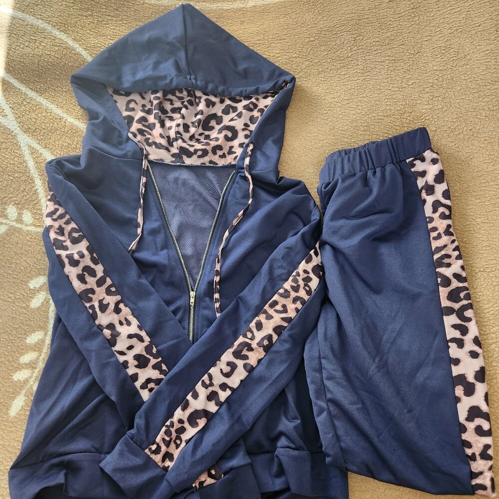 Navy blue and cheetah print tracksuit